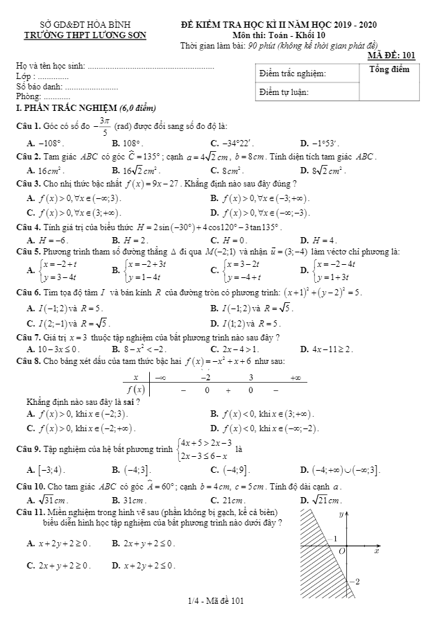 Đề thi HK2 Toán 10 năm học 2019 – 2020 trường THPT Lương Sơn – Hòa Bình