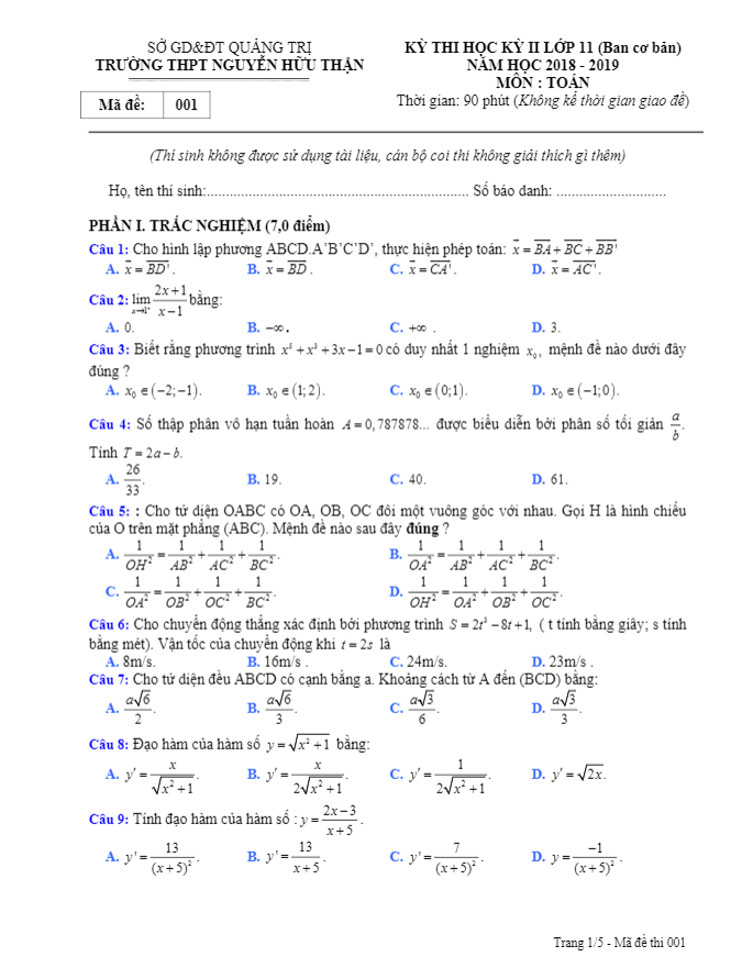 Đề thi HK2 Toán 11 năm 2018 – 2019 trường Nguyễn Hữu Thận – Quảng Trị