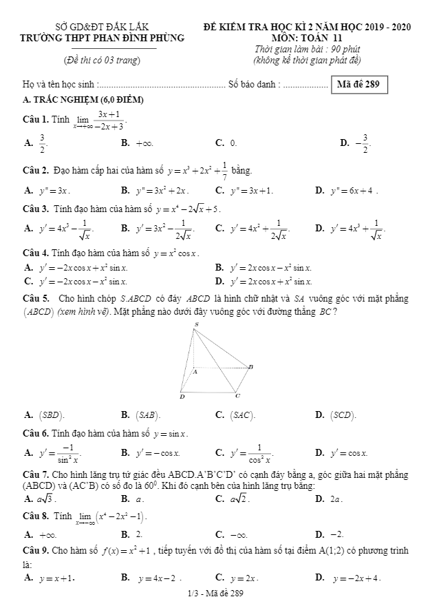 Đề thi HK2 Toán 11 năm 2019 – 2020 trường THPT Phan Đình Phùng – Đắk Lắk