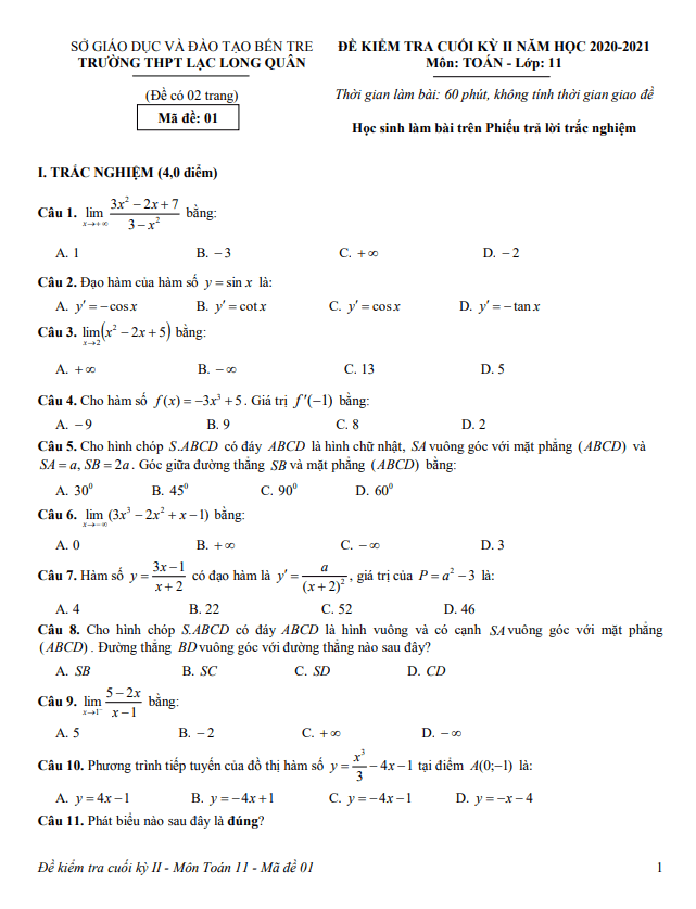 Đề thi HK2 Toán 11 năm 2020 – 2021 trường THPT Lạc Long Quân – Bến Tre