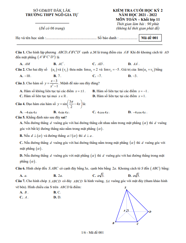 Đề thi HK2 Toán 11 năm 2021 – 2022 trường THPT Ngô Gia Tự – Đắk Lắk