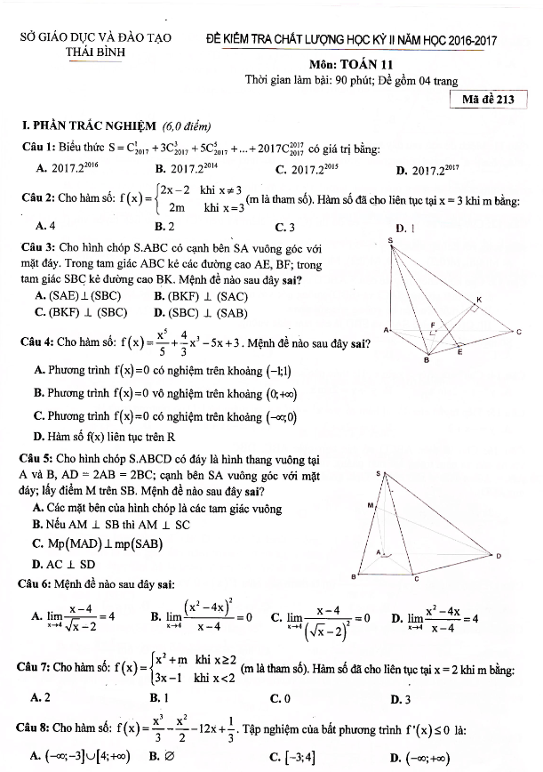 Đề thi HK2 Toán 11 năm học 2016 – 2017 sở GD và ĐT Thái Bình