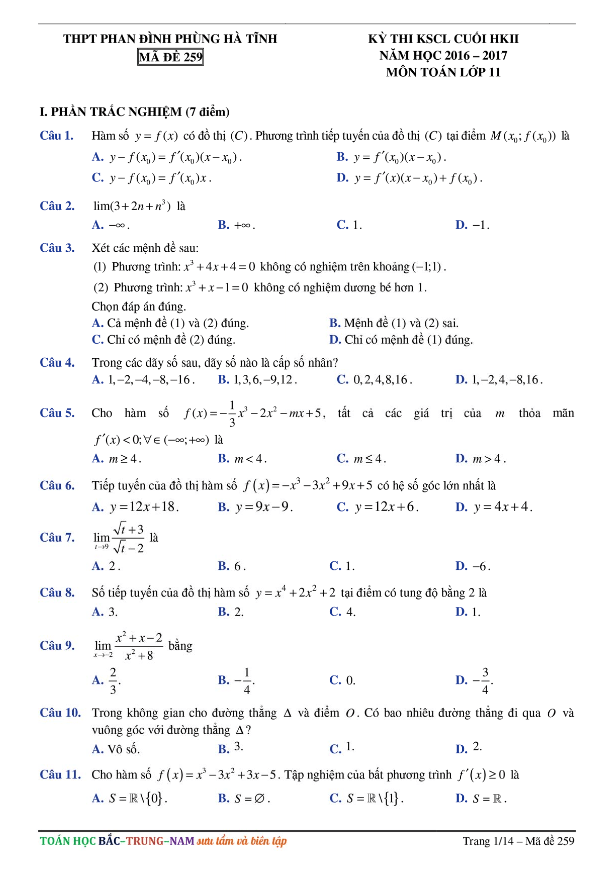 Đề thi HK2 Toán 11 năm học 2016 – 2017 trường THPT Phan Đình Phùng – Hà Tĩnh