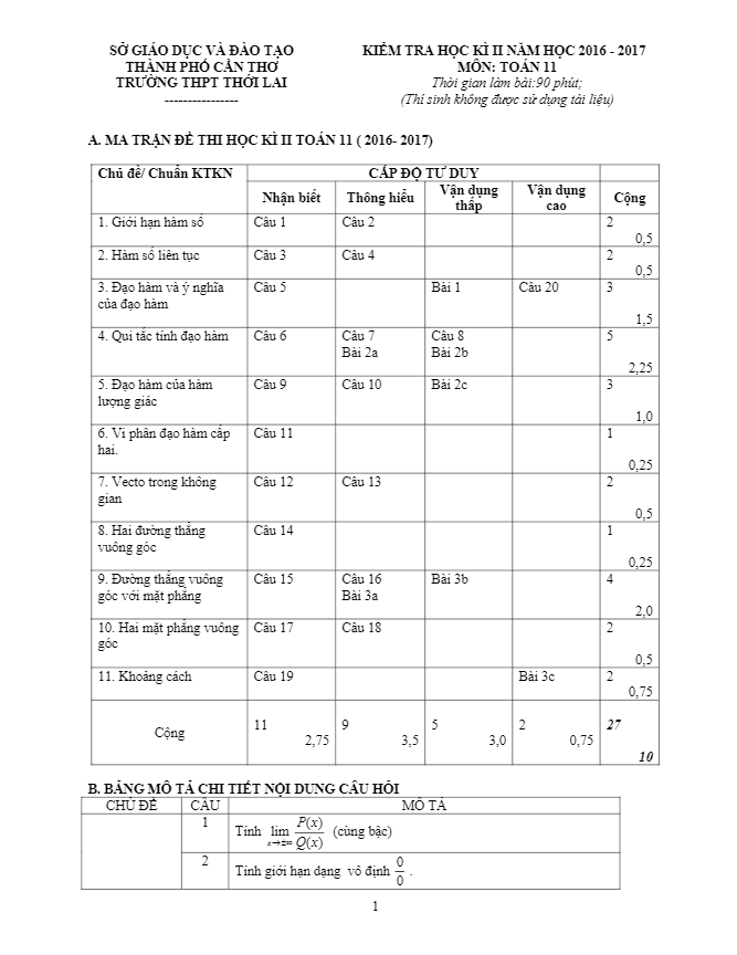 Đề thi HK2 Toán 11 năm học 2016 – 2017 trường THPT Thới Lai – Cần Thơ