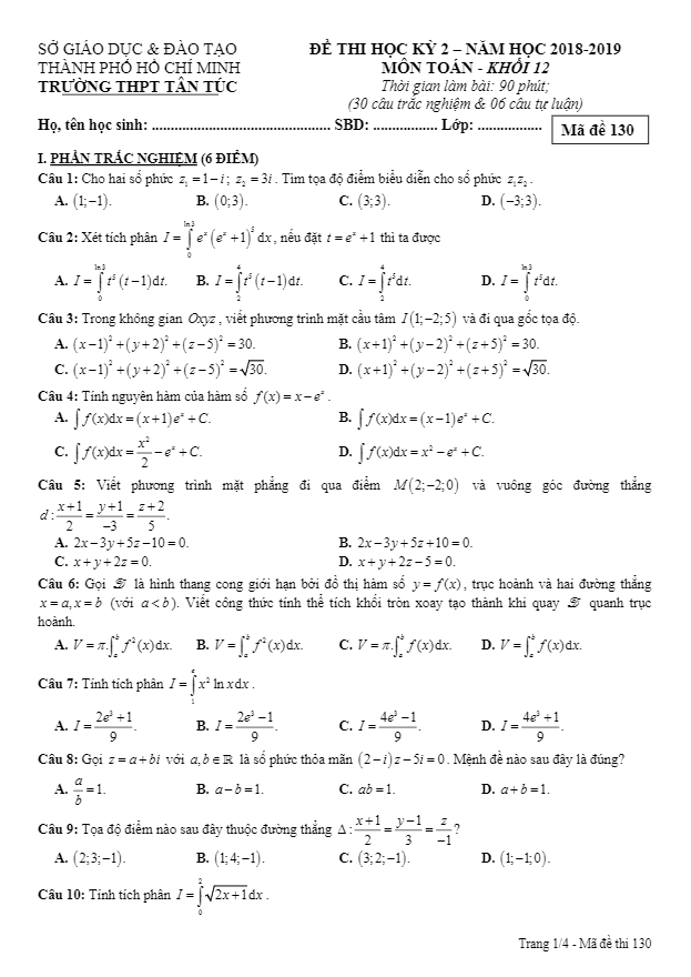 Đề thi HK2 Toán 12 năm 2018 – 2019 trường THPT Tân Túc – TP HCM
