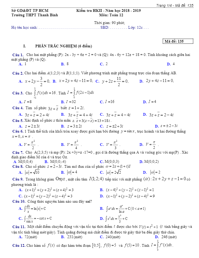 Đề thi HK2 Toán 12 năm 2018 – 2019 trường THPT Thanh Bình – TP HCM