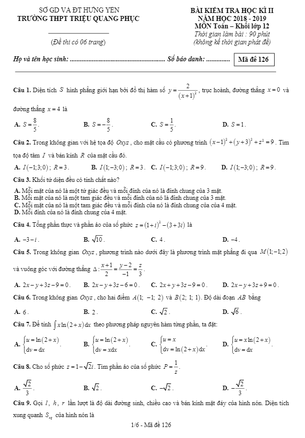 Đề thi HK2 Toán 12 năm 2018 – 2019 trường Triệu Quang Phục – Hưng Yên