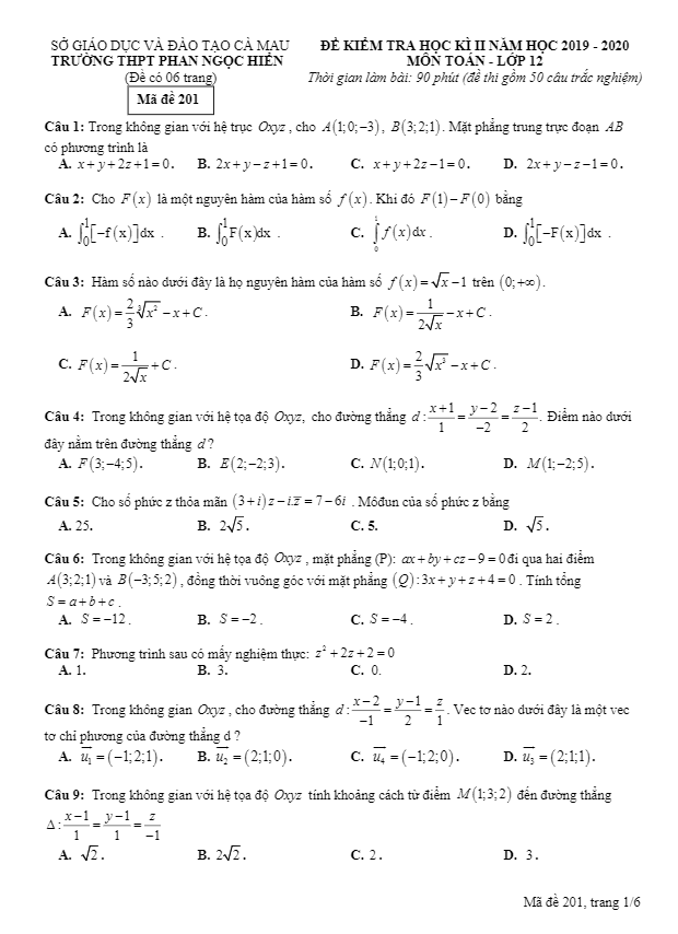 Đề thi HK2 Toán 12 năm 2019 – 2020 trường THPT Phan Ngọc Hiển – Cà Mau