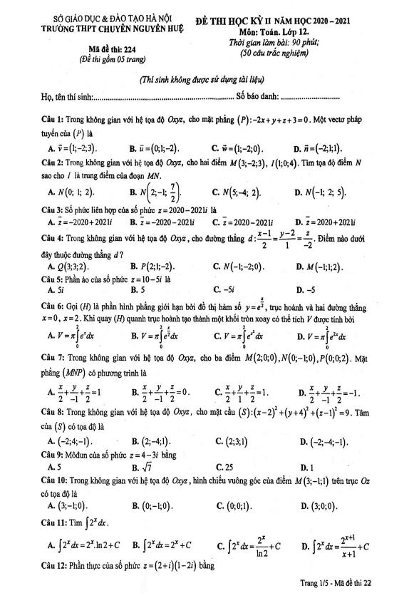 Đề thi HK2 Toán 12 năm 2020 – 2021 trường chuyên Nguyễn Huệ – Hà Nội