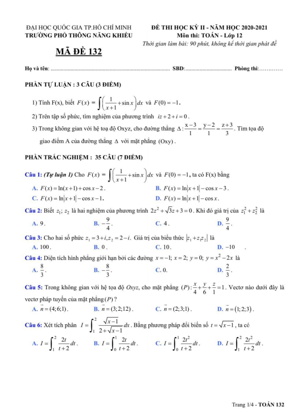 Đề thi HK2 Toán 12 năm 2020 – 2021 trường Phổ thông Năng khiếu – TP HCM