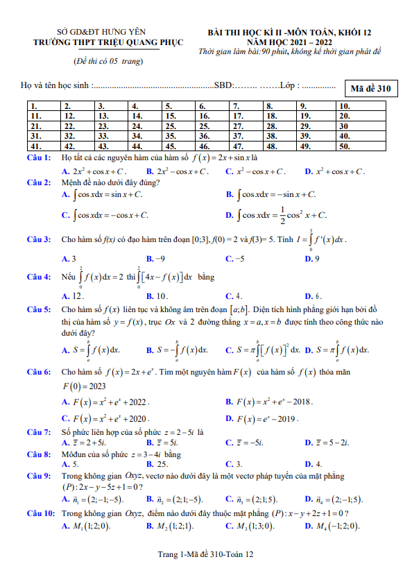 Đề thi HK2 Toán 12 năm 2021 – 2022 trường THPT Triệu Quang Phục – Hưng Yên