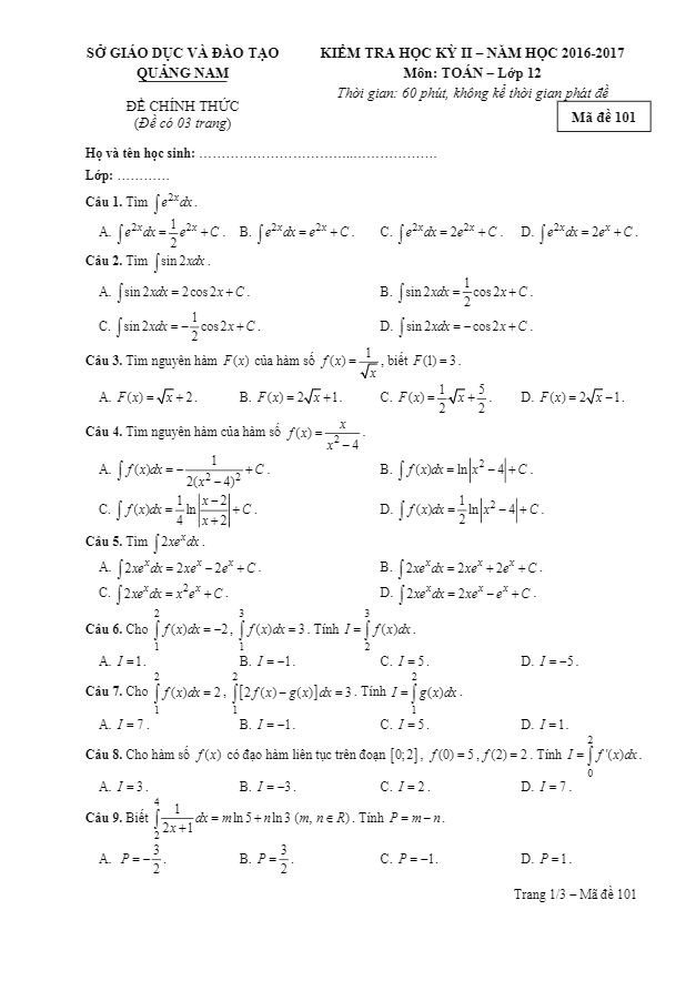 Đề thi HK2 Toán 12 năm học 2016 – 2017 sở GD và ĐT Quảng Nam