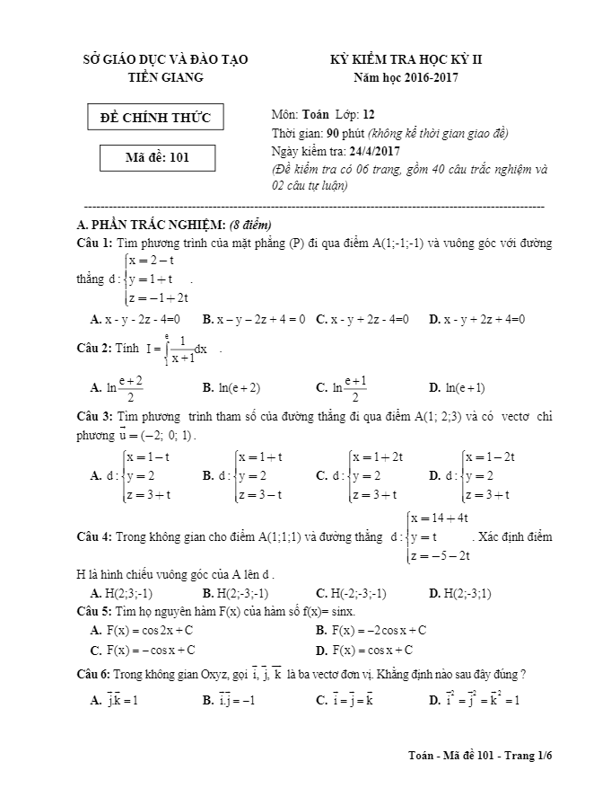 Đề thi HK2 Toán 12 năm học 2016 – 2017 sở GD và ĐT Tiền Giang
