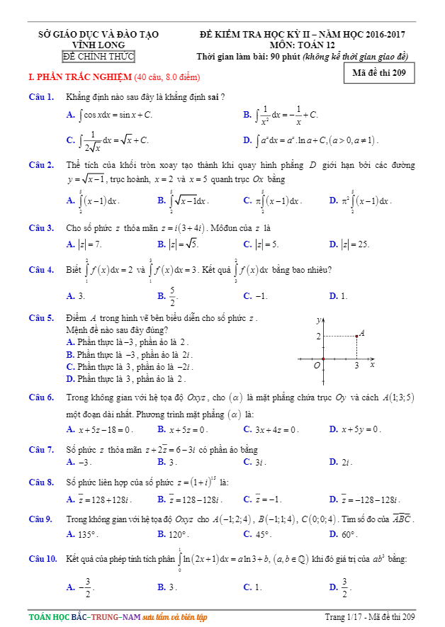 Đề thi HK2 Toán 12 năm học 2016 – 2017 sở GD và ĐT Vĩnh Long