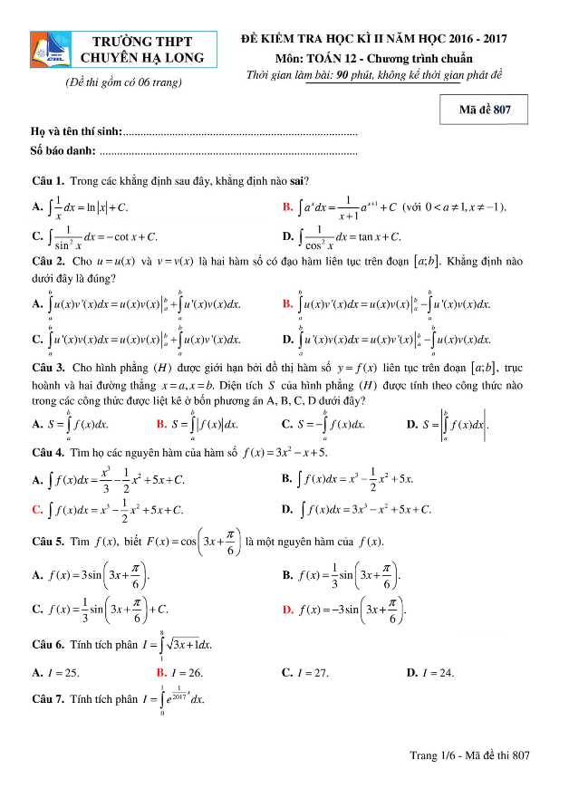 Đề thi HK2 Toán 12 năm học 2016 – 2017 trường THPT chuyên Hạ Long – Quảng Ninh