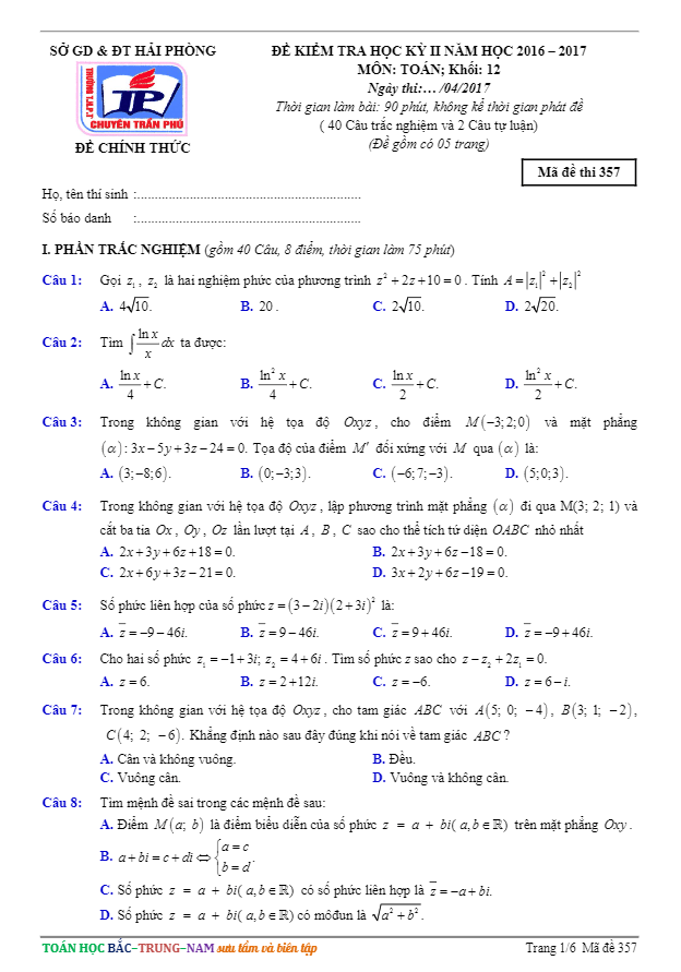 Đề thi HK2 Toán 12 năm học 2016 – 2017 trường THPT chuyên Trần Phú – Hải Phòng