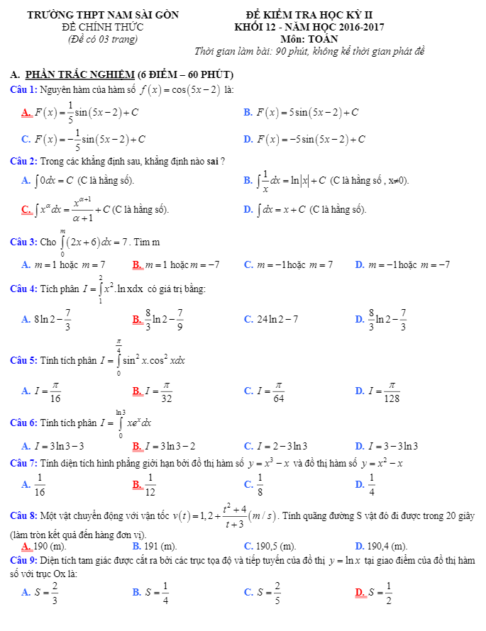 Đề thi HK2 Toán 12 năm học 2016 – 2017 trường THPT Nam Sài Gòn – TP. HCM