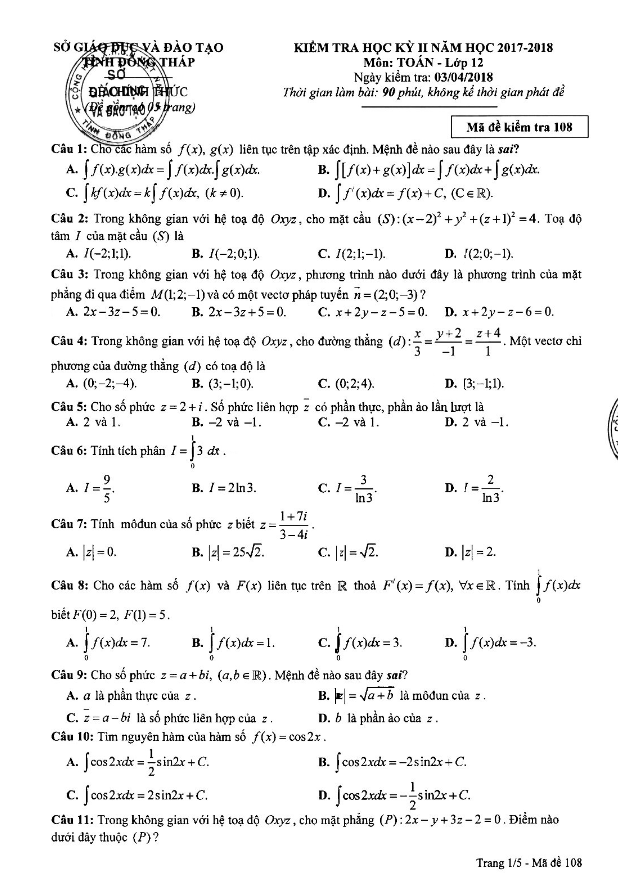 Đề thi HK2 Toán 12 năm học 2017 – 2018 sở GD và ĐT Đồng Tháp