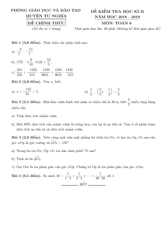 Đề thi HK2 Toán 6 năm 2018 – 2019 phòng GD&ĐT Tư Nghĩa – Quảng Ngãi