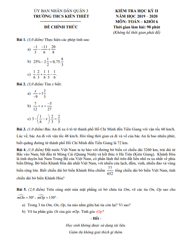 Đề thi HK2 Toán 6 năm 2019 – 2020 trường THCS Kiến Thiết – TP HCM