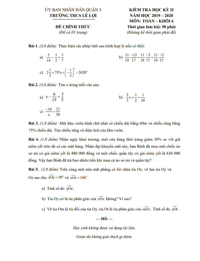 Đề thi HK2 Toán 6 năm 2019 – 2020 trường THCS Lê Lợi – TP HCM