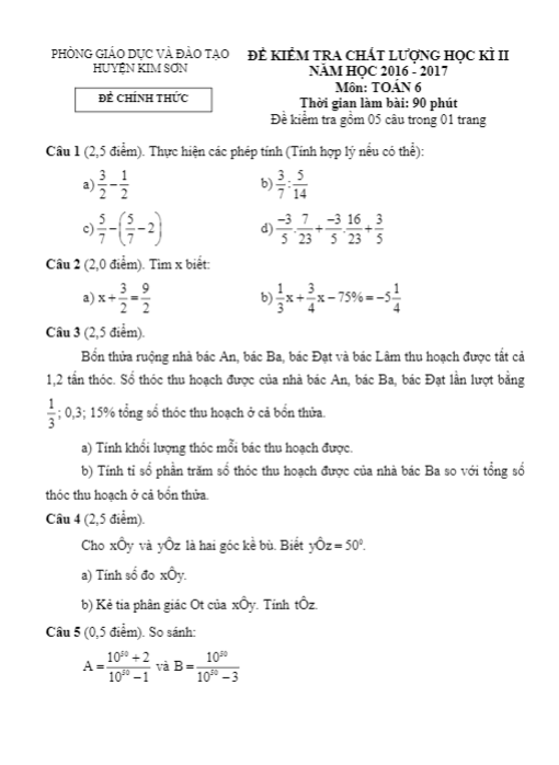 Đề thi HK2 Toán 6 năm học 2016 – 2017 phòng GD và ĐT Kim Sơn – Ninh Bình