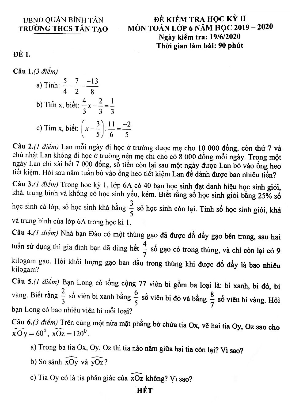 Đề thi HK2 Toán 6 năm học 2019 – 2020 trường THCS Tân Tạo – TP HCM