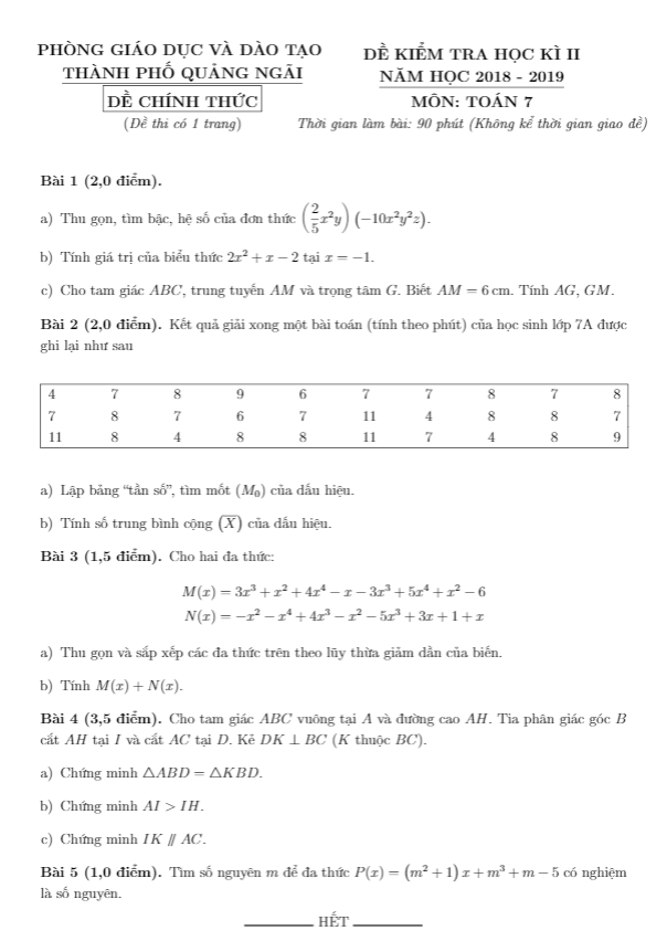 Đề thi HK2 Toán 7 năm 2018 – 2019 phòng GD&ĐT thành phố Quảng Ngãi