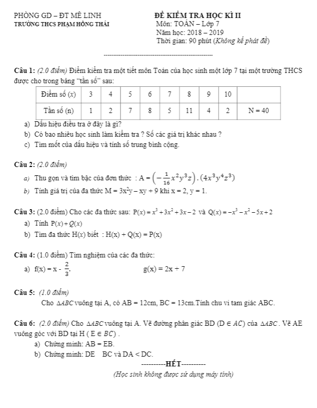 Đề thi HK2 Toán 7 năm 2018 – 2019 trường THCS Phạm Hồng Thái – Hà Nội