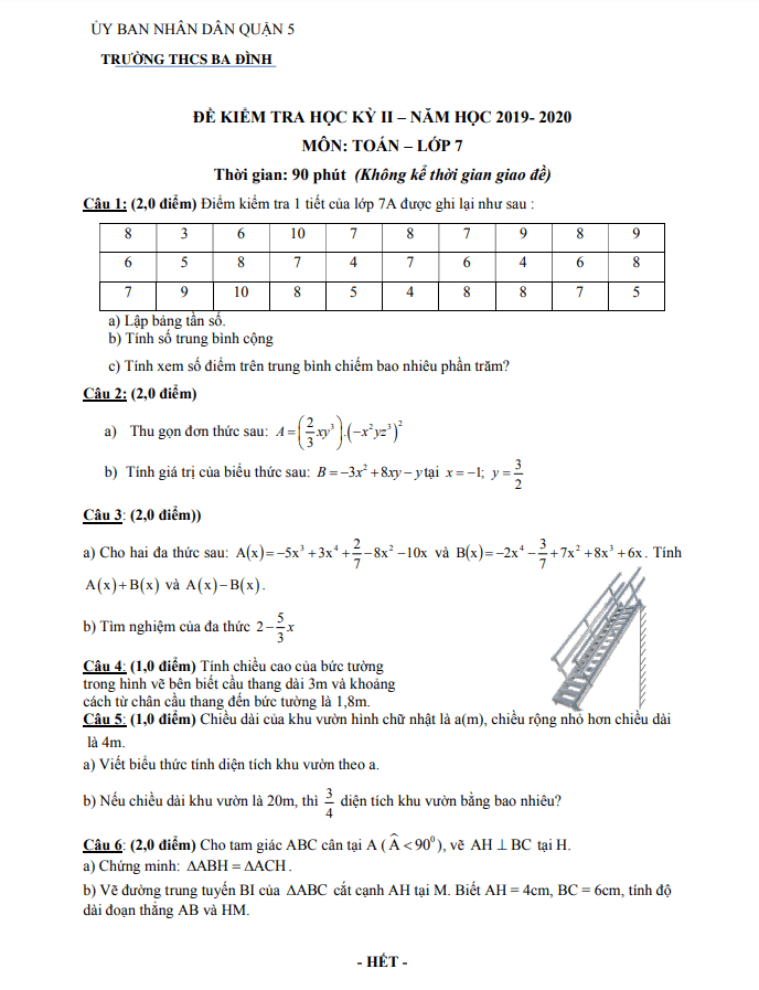 Đề thi HK2 Toán 7 năm 2019 – 2020 trường THCS Ba Đình – TP HCM