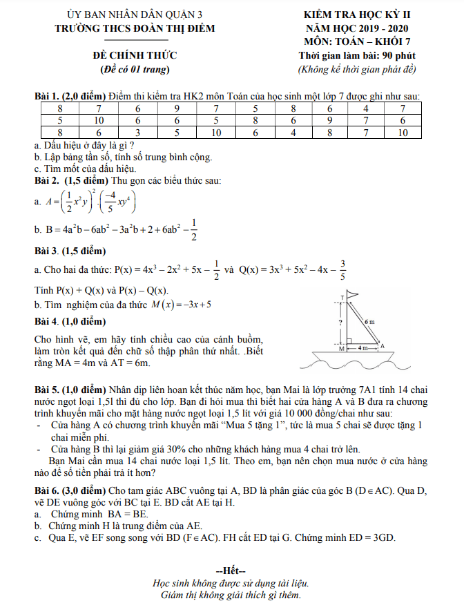 Đề thi HK2 Toán 7 năm 2019 – 2020 trường THCS Đoàn Thị Điểm – TP HCM