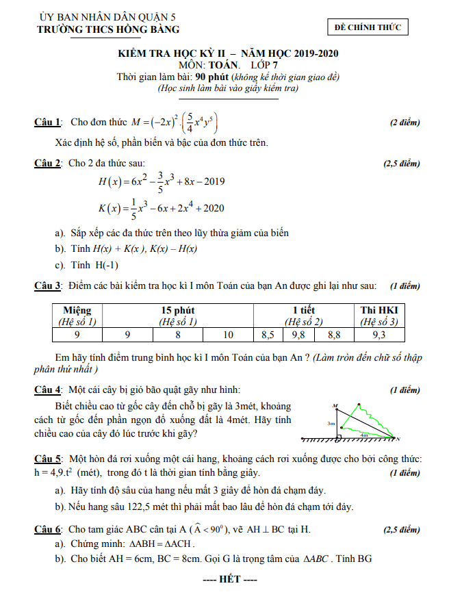 Đề thi HK2 Toán 7 năm 2019 – 2020 trường THCS Hồng Bàng – TP HCM