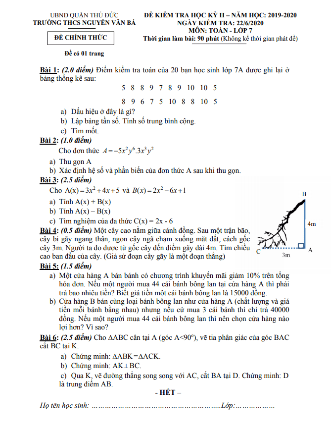 Đề thi HK2 Toán 7 năm 2019 – 2020 trường THCS Nguyễn Văn Bá – TP HCM