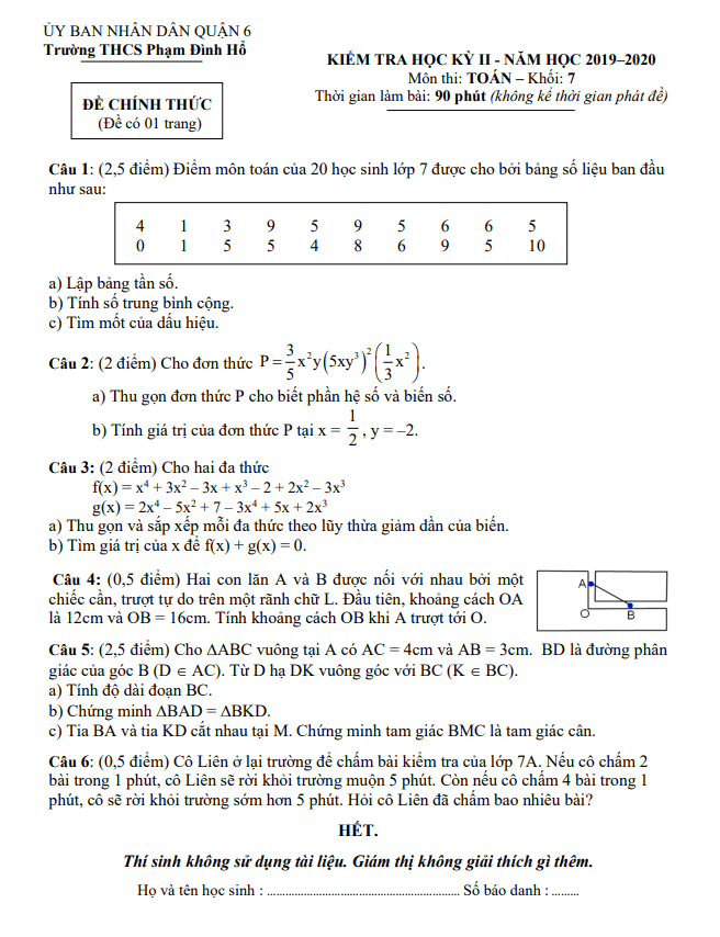 Đề thi HK2 Toán 7 năm 2019 – 2020 trường THCS Phạm Đình Hổ – TP HCM