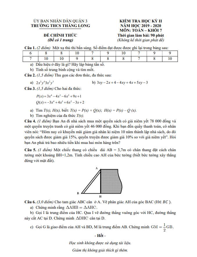 Đề thi HK2 Toán 7 năm 2019 – 2020 trường THCS Thăng Long – TP HCM