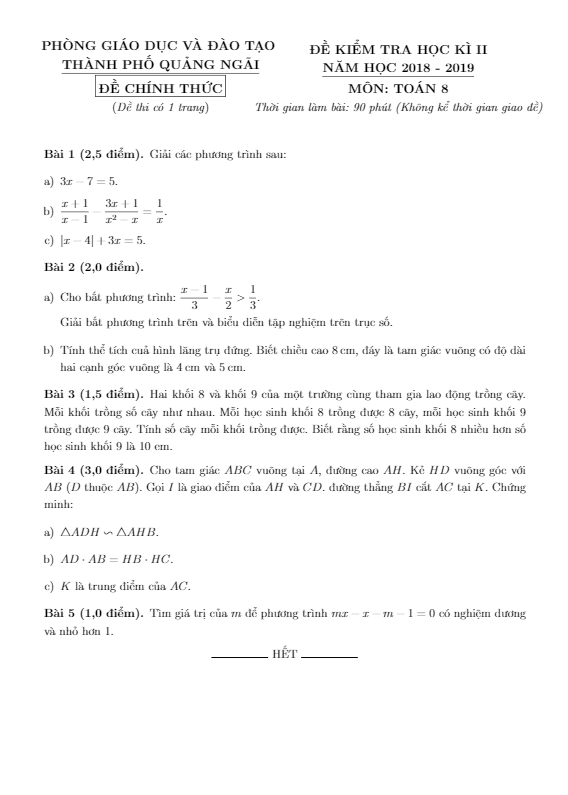 Đề thi HK2 Toán 8 năm 2018 – 2019 phòng GD&ĐT thành phố Quảng Ngãi