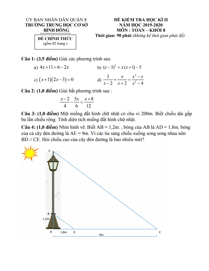 Đề thi HK2 Toán 8 năm 2019 – 2020 trường THCS Bình Đông – TP HCM