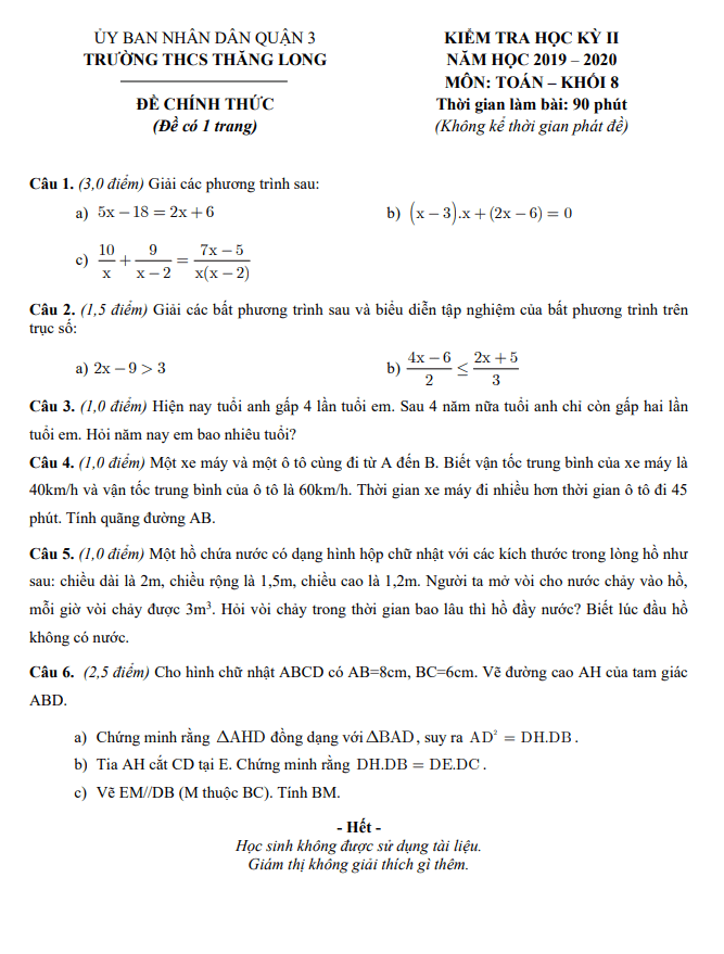 Đề thi HK2 Toán 8 năm 2019 – 2020 trường THCS Thăng Long – TP HCM