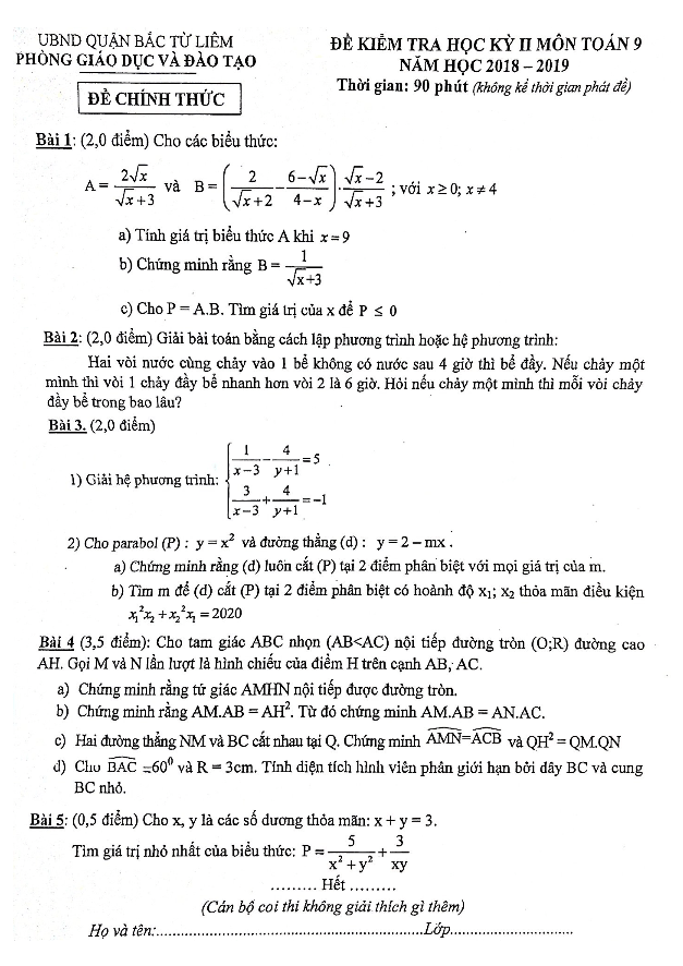 Đề thi HK2 Toán 9 năm 2018 – 2019 phòng GD&ĐT Bắc Từ Liêm – Hà Nội