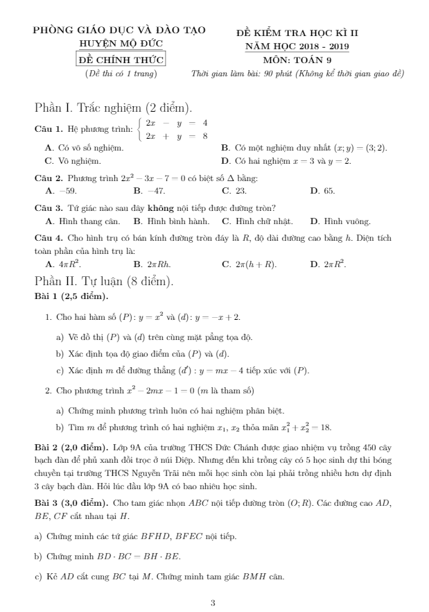 Đề thi HK2 Toán 9 năm 2018 – 2019 phòng GD&ĐT Mộ Đức – Quảng Ngãi