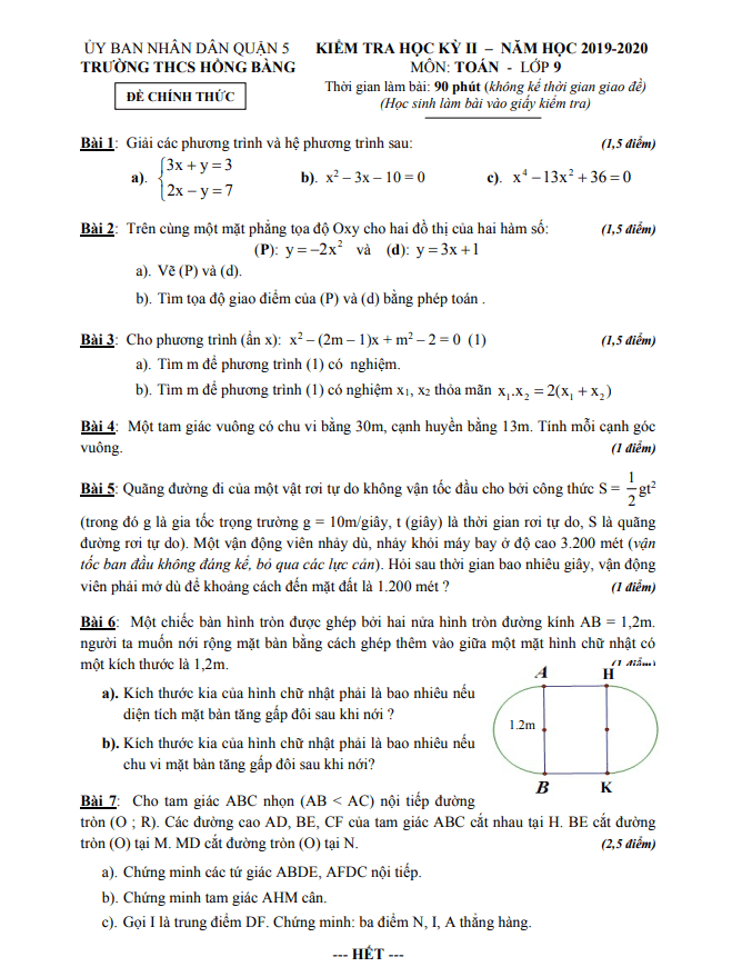Đề thi HK2 Toán 9 năm 2019 – 2020 trường THCS Hồng Bàng – TP HCM