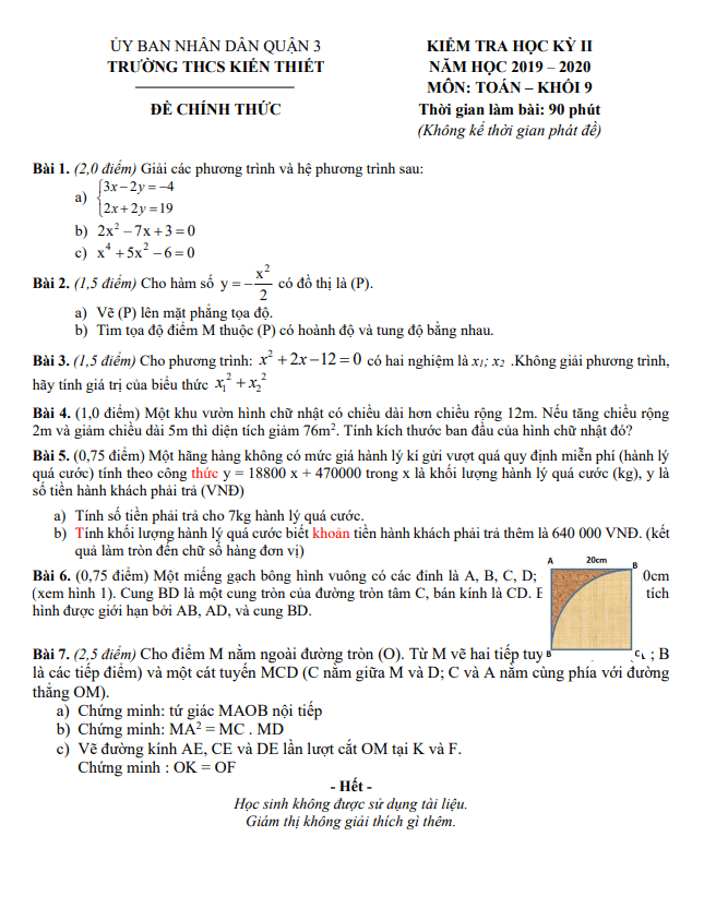 Đề thi HK2 Toán 9 năm 2019 – 2020 trường THCS Kiến Thiết – TP HCM