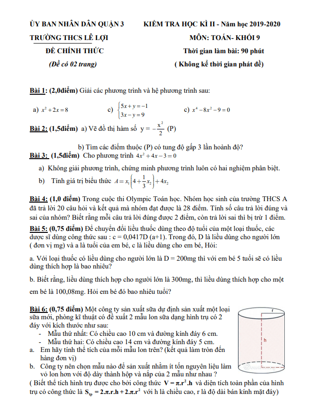 Đề thi HK2 Toán 9 năm 2019 – 2020 trường THCS Lê Lợi – TP HCM