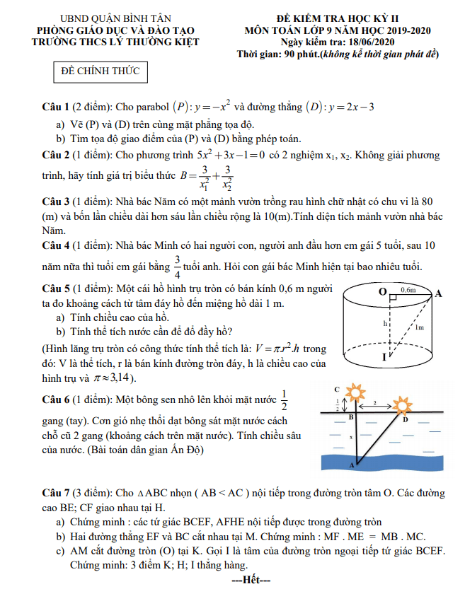 Đề thi HK2 Toán 9 năm 2019 – 2020 trường THCS Lý Thường Kiệt – TP HCM