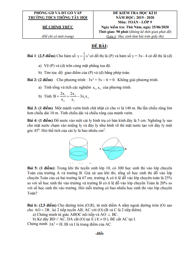Đề thi HK2 Toán 9 năm 2019 – 2020 trường THCS Thông Tây Hội – TP HCM
