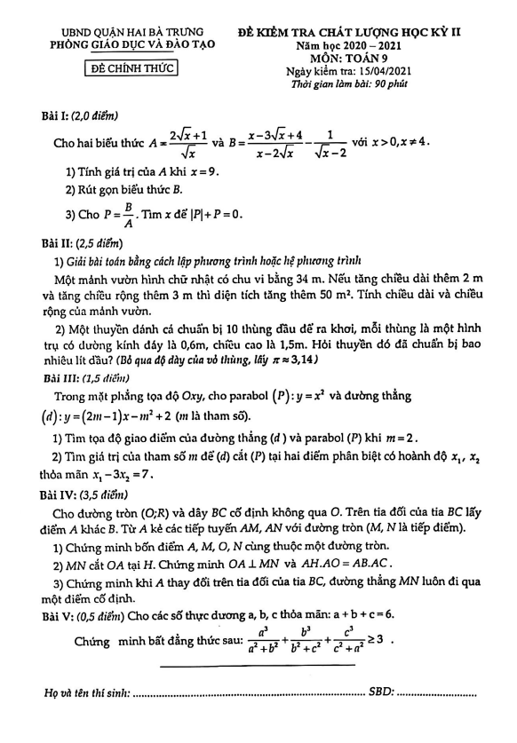 Đề thi HK2 Toán 9 năm 2020 – 2021 phòng GD&ĐT Hai Bà Trưng – Hà Nội