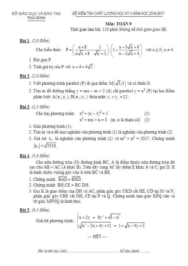Đề thi HK2 Toán 9 năm học 2016 – 2017 sở GD và ĐT Thái Bình
