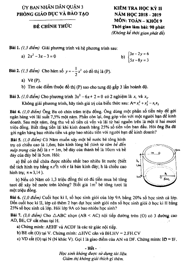 Đề thi HK2 Toán 9 năm học 2018 – 2019 phòng GD&ĐT Quận 3 – TP HCM