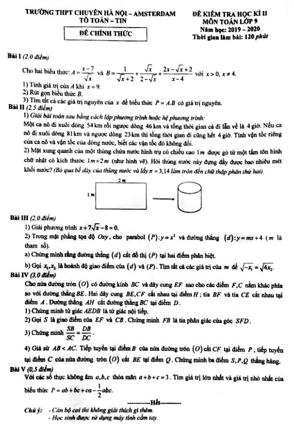 Đề thi HK2 Toán 9 năm học 2019 – 2020 trường THPT chuyên Hà Nội – Amsterdam