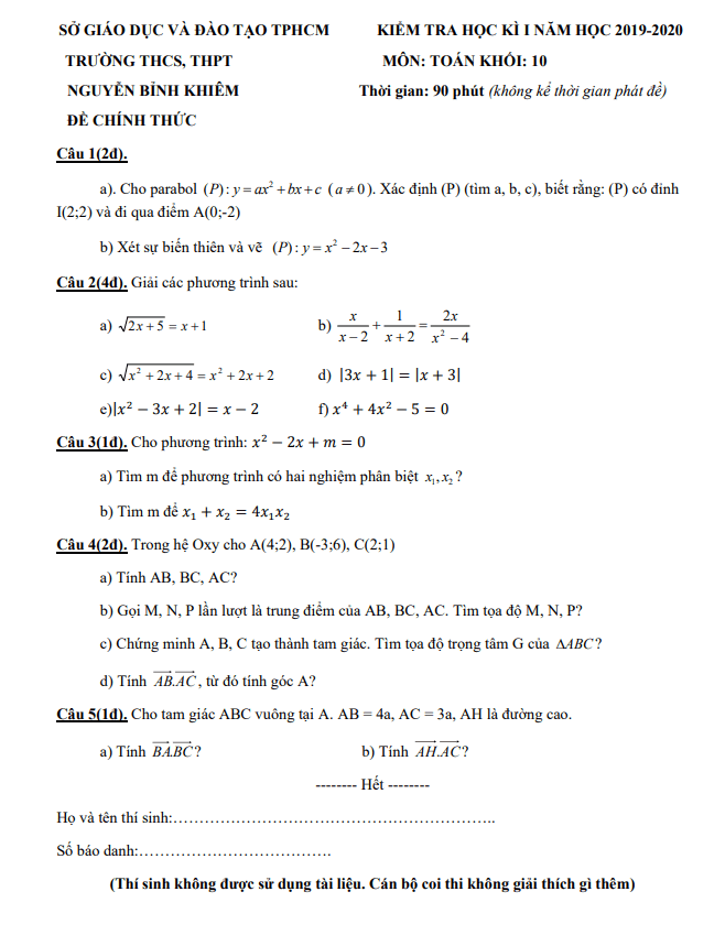 Đề thi HKI Toán 10 năm 2019 – 2020 trường Nguyễn Bỉnh Khiêm – TP HCM